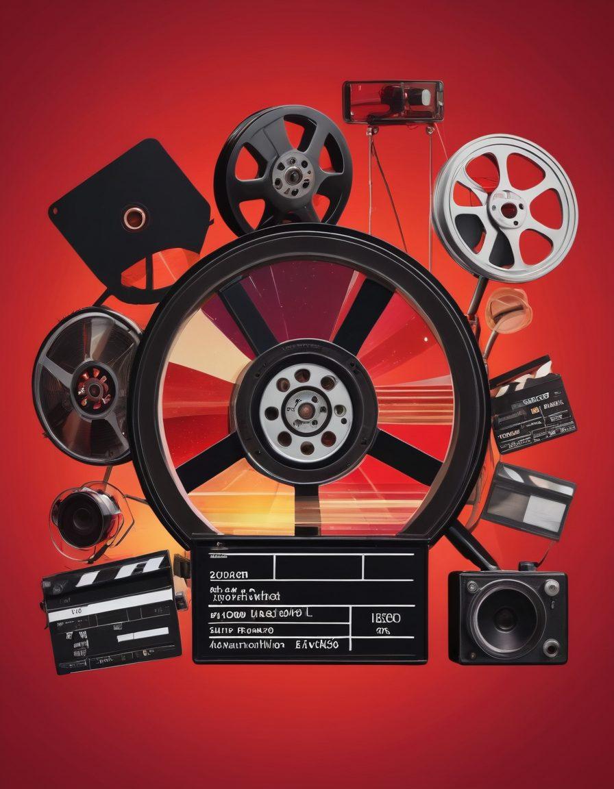 A visually dynamic collage representing the evolution of adult entertainment, featuring a vintage film reel transitioning into modern streaming devices. Include iconic symbols like a clapperboard, a smartphone, and digital platforms, intertwined with silhouettes of diverse filmmakers at work. The background should be a gradient of deep reds and blacks, symbolizing the industry, with vibrant elements to capture the viewer's attention. stylized as a modern digital painting. vibrant colors. 3D elements.